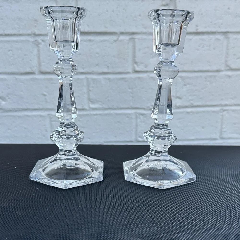 Vintage Crystal 7” Candlesticks (2) Featuring a Hexagonal Base and Faceted stem.